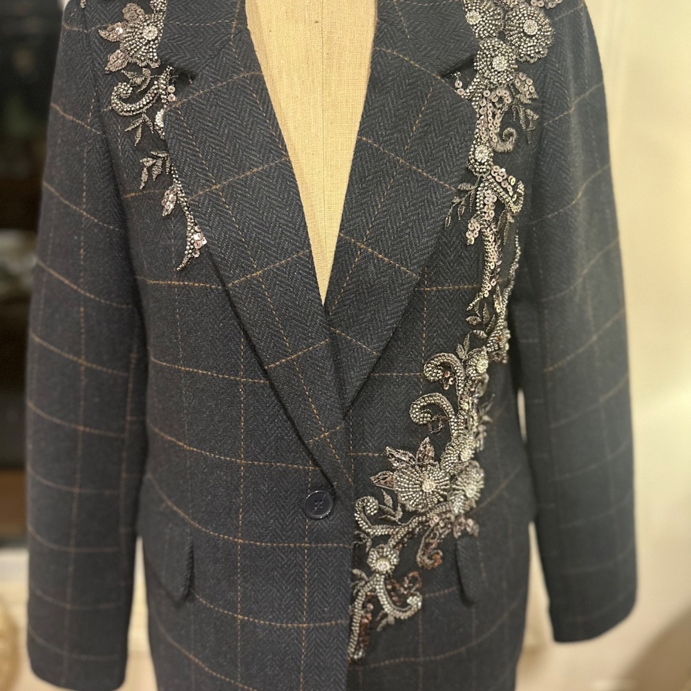 RACHEL ZOE Embellished Blazer Classic charcoal windowpane tailoring - Picture 3 of 6